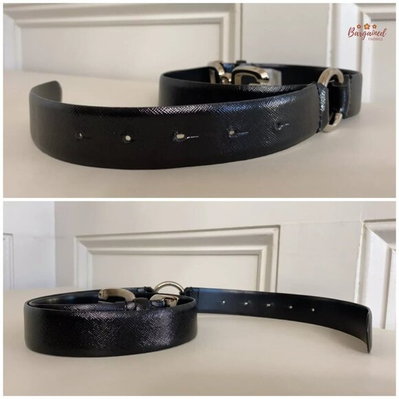 Authentic Dolce & Gabbana Black Patent Leather Silver D&G Buckle Belt Size 90/36